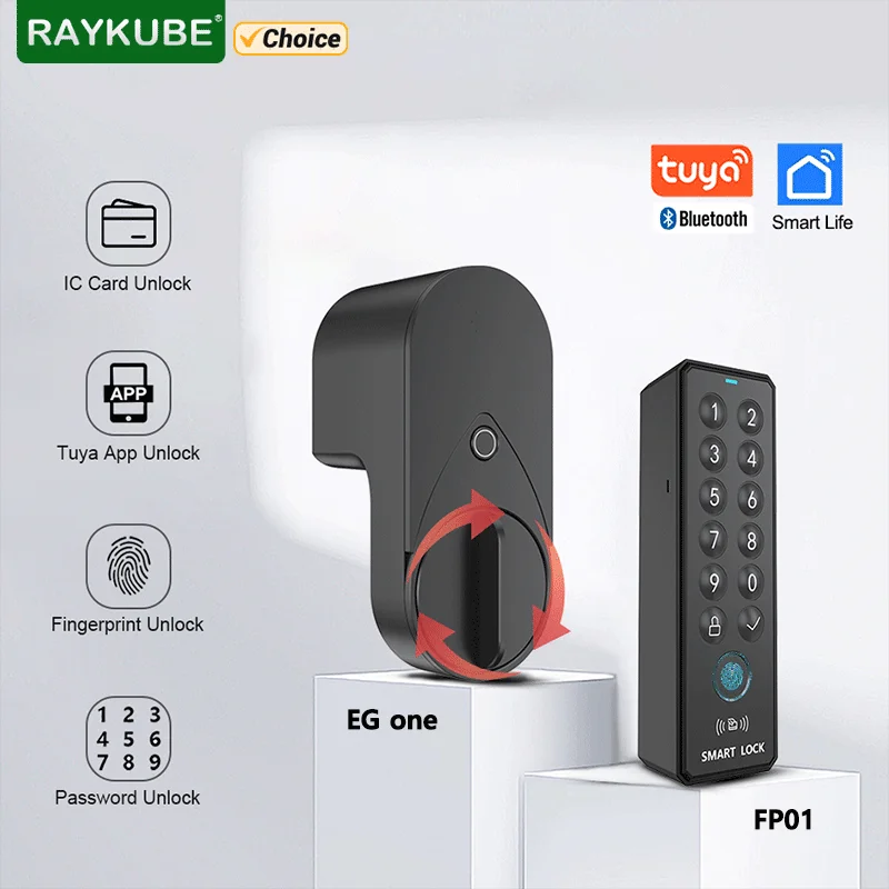 

Умный электронный дверной замок RAYKUBE EG one Tuya BLE + беспроводной замок с функцией распознавания отпечатков пальцев и PIN-кода FP01 – установка без сверления