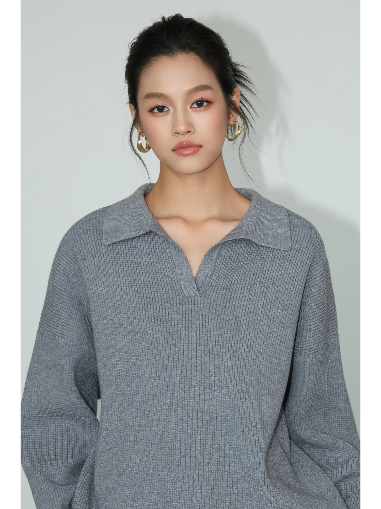 

NEVA HU ey Collar Loose Knitted Sweater Women's Autumn Winter New Sle Korean Version V-ne Pullover Top
