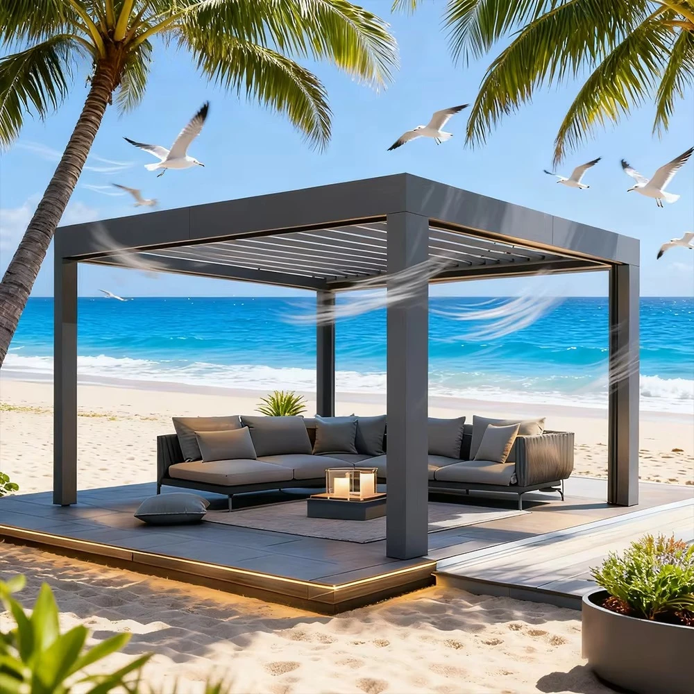 Motorized Aluminum Pergola, Solar Panel Ready, Waterproof Windproof Snow‑resistant Outdoor Gazebo for Swimming Pool