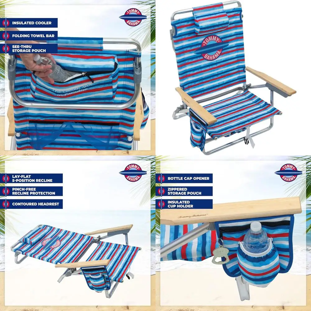 

5-Position Classic Lay Flat Folding Backpack Beach Chair, Aluminum, Red, White, and Blue Stripe