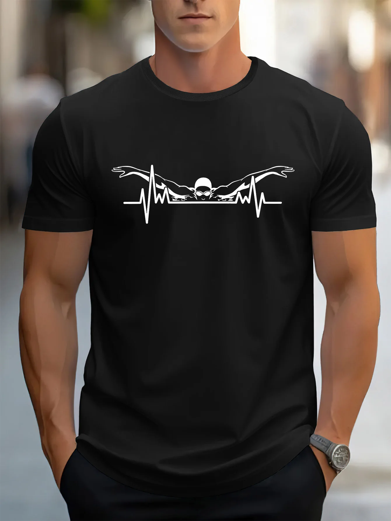 Male Black Round Neck T Shirt Minimal Swimmer Silhouette EKG Pulse Wave Print Pool Training Enthusiast Light Cotton Daily Tees