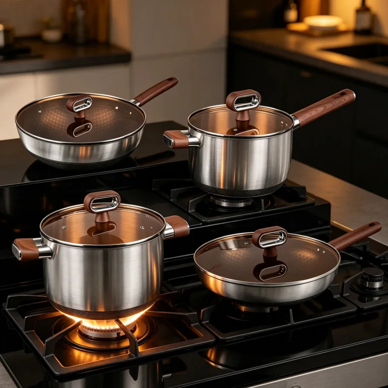 304 Tri‑ply Steel Kitchen Pots Set 4Pcs Wok Frypan Saucepan Stockpot All Stovetops Compatible
