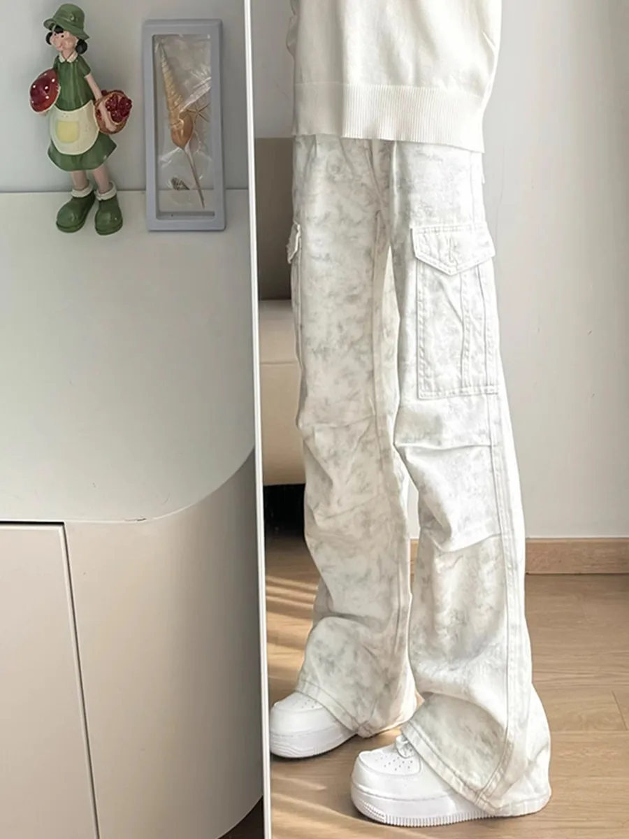 

American Dyed Dir White Work Pants Men's Spring Trendy High Street Casual Loose Wrinkle Paratrooper Wide Leg Pants