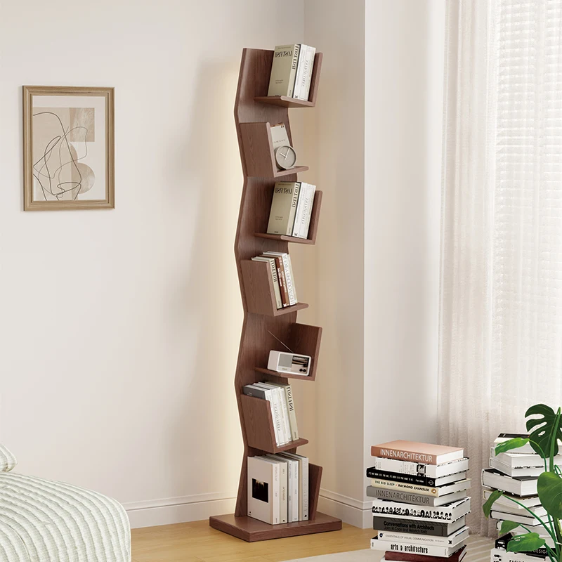 Solid Wood Bookshelf for Home Living Room Floor Standing Wall Mounted Corner Shelf Storage Unit Multi Tier LED Light Creative