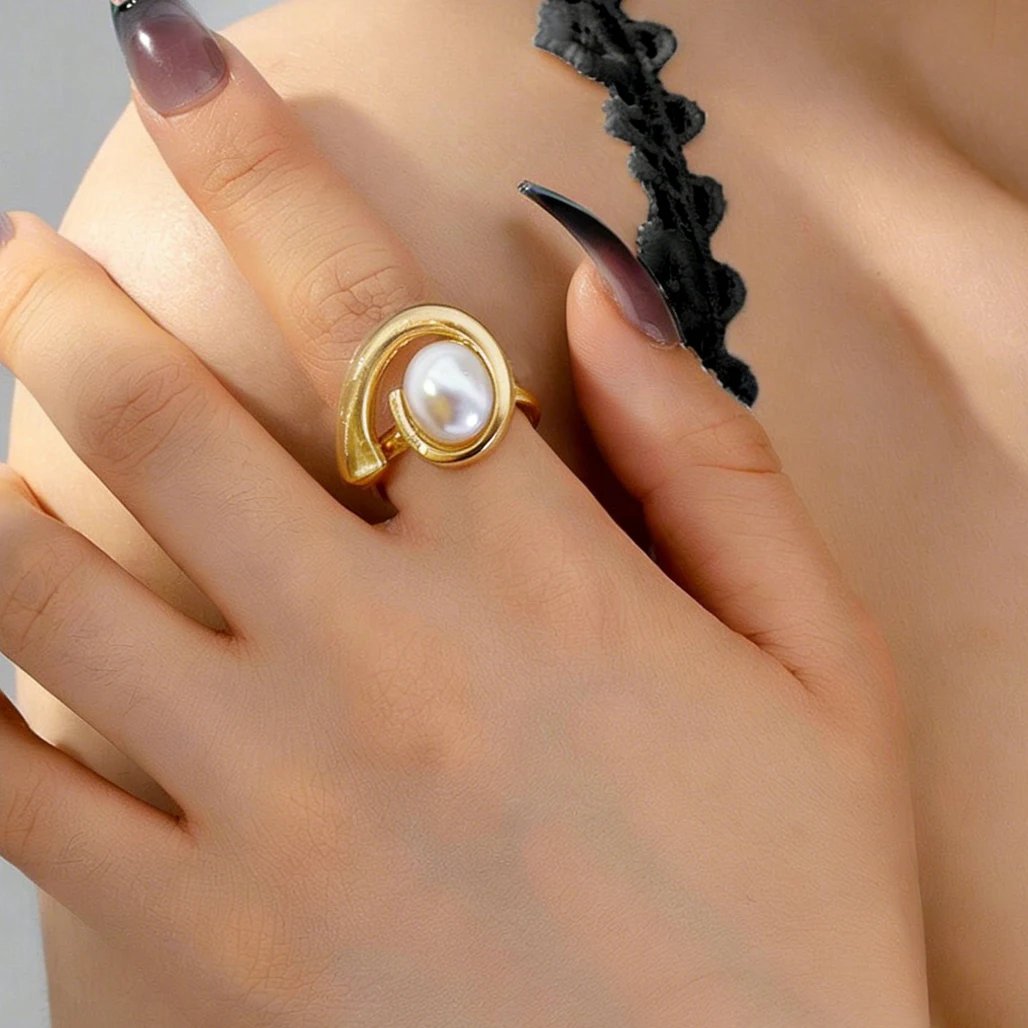 1 Piece of New Style Personalized Simple Spiral Vortex Pearl Ring, Versatile and Fashionable, Adjustable Open Ring for the Index Finger