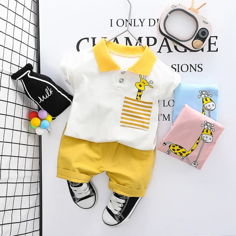 Children Clothing Sets Summer Baby Boys Girls Short Sleeve T Shirt Shorts 2 Pieces Cartoon Giraffe Kids Clothes Outfits