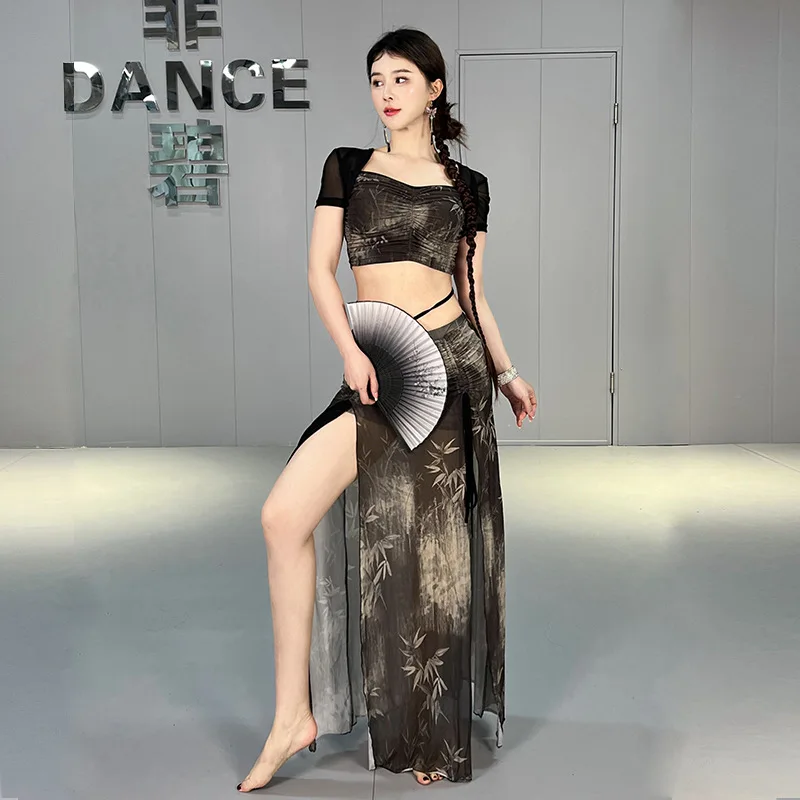 Belly Dance Practice Suit for Women New Oriental Dance Costume Stage Outfit Belly Dance Beginners Sexy Long Skirt Set Ink Style