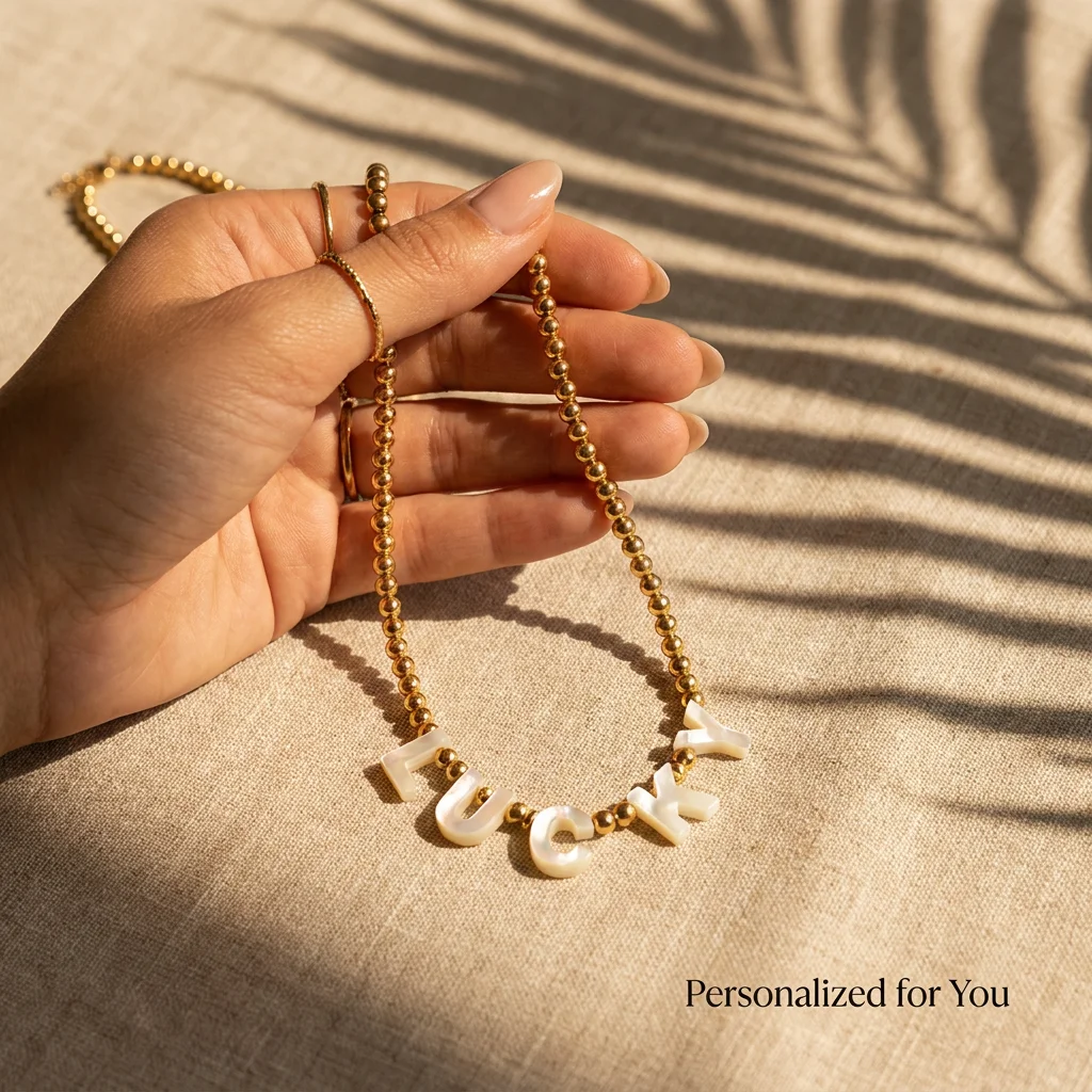 

Personalized Custom Name Necklace 18K Gold Plated Stainless Steel Beaded Chain Waterproof Shell Letter Initial Jewelry Gift