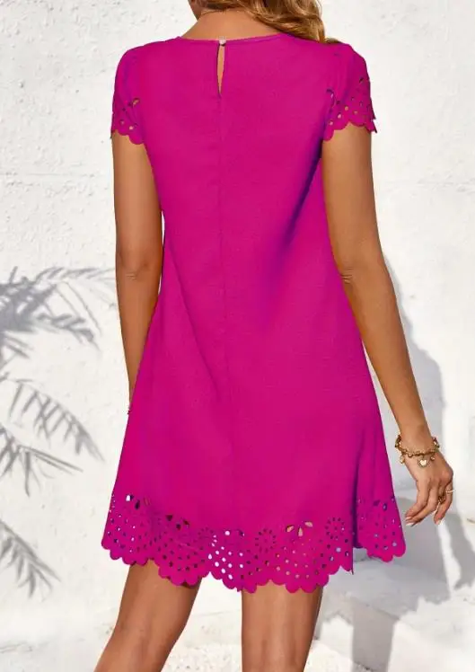 

Summer Retro Solid Color Round Neck Hollow Design Slim Fit Short Sleeved Dress for Women, Elegant and Fashionable A-Line Dress