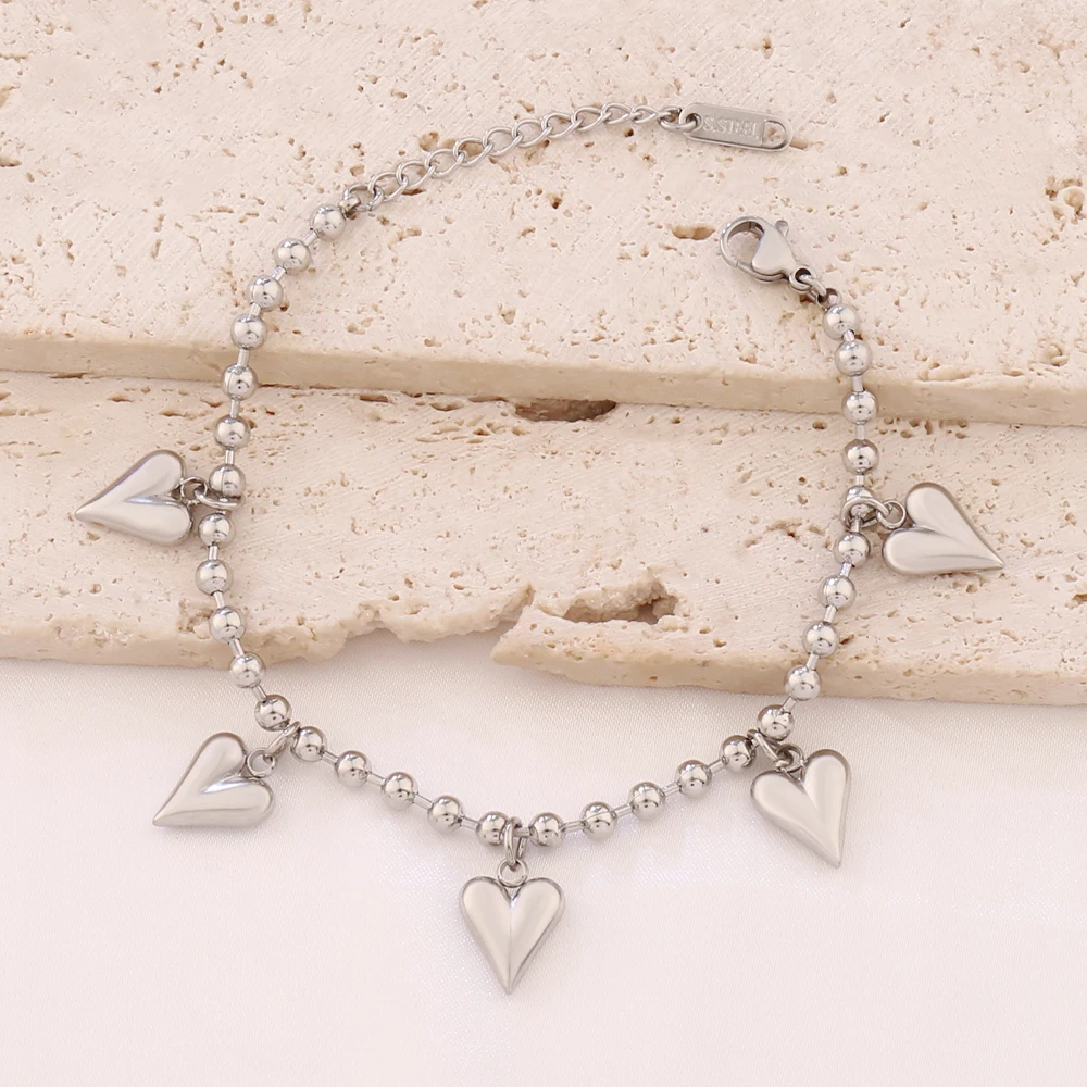 316L Stainless Steel Heart Pendant Bracelet For Women Fashion Gold Color Beads Chain Bracelets Jewelry