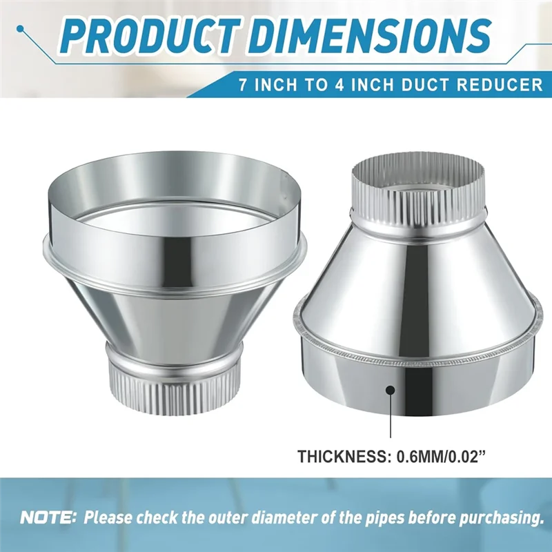 ABNO-Round Crimped Pipe Galvanized Steel Air Duct Adapter 7 Inch To 4 Inch Reducer Increaser For HVAC Ventilation System