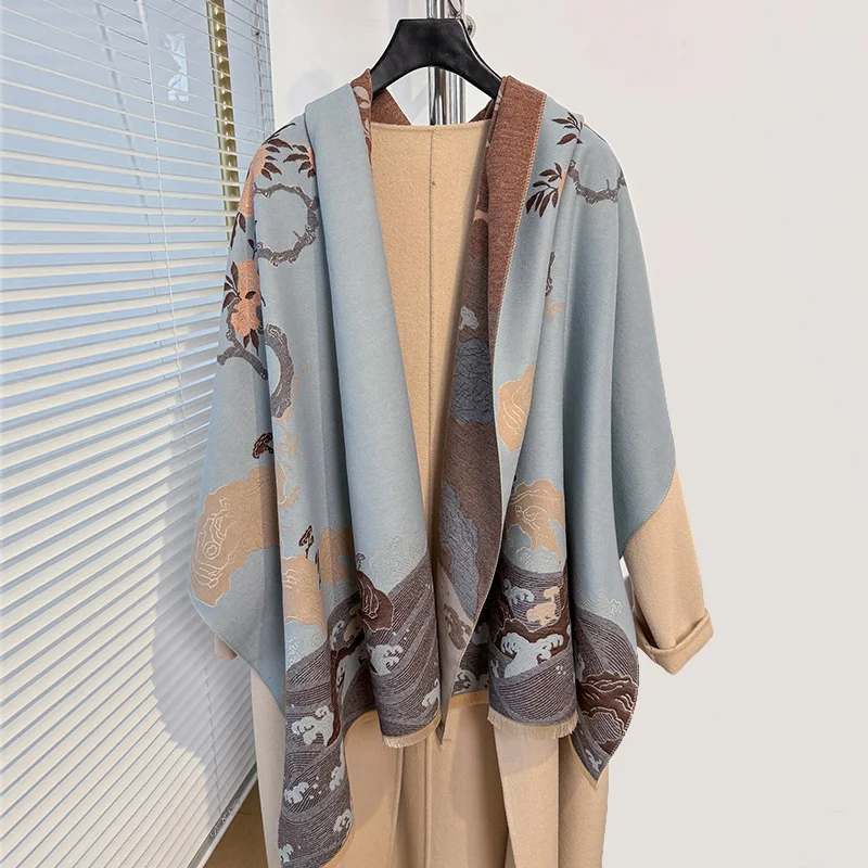 NEW Chinese Style Landscape Painting Two-Sided Thickened Pashmina Scarf Cashmere Short Beard Shawl Winter Keep Warm Female Scar