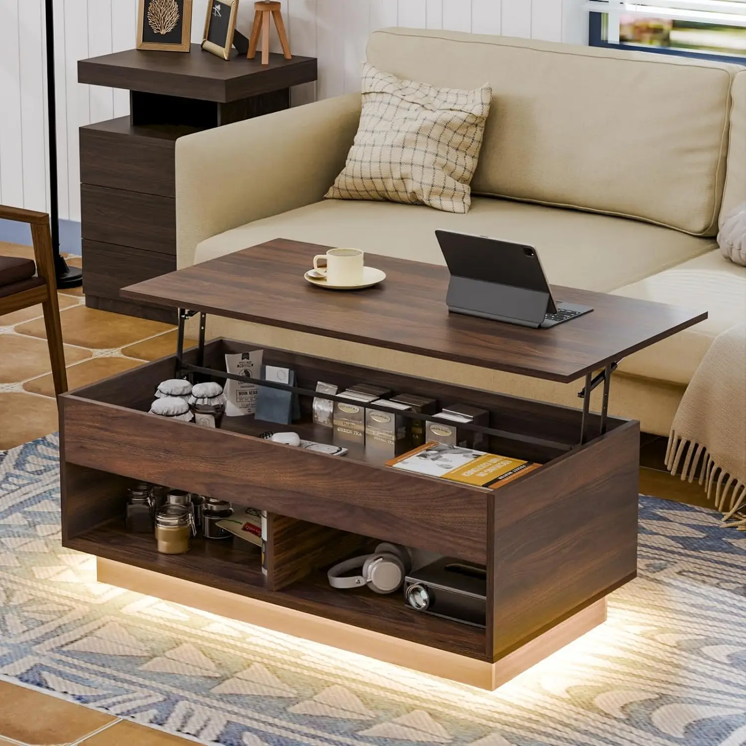 

HOMMPA Modern Lift Top Coffee Table with Storage for Living Room LED Coffee Table Wodden Lift Tabletop Dining Table with Hidden