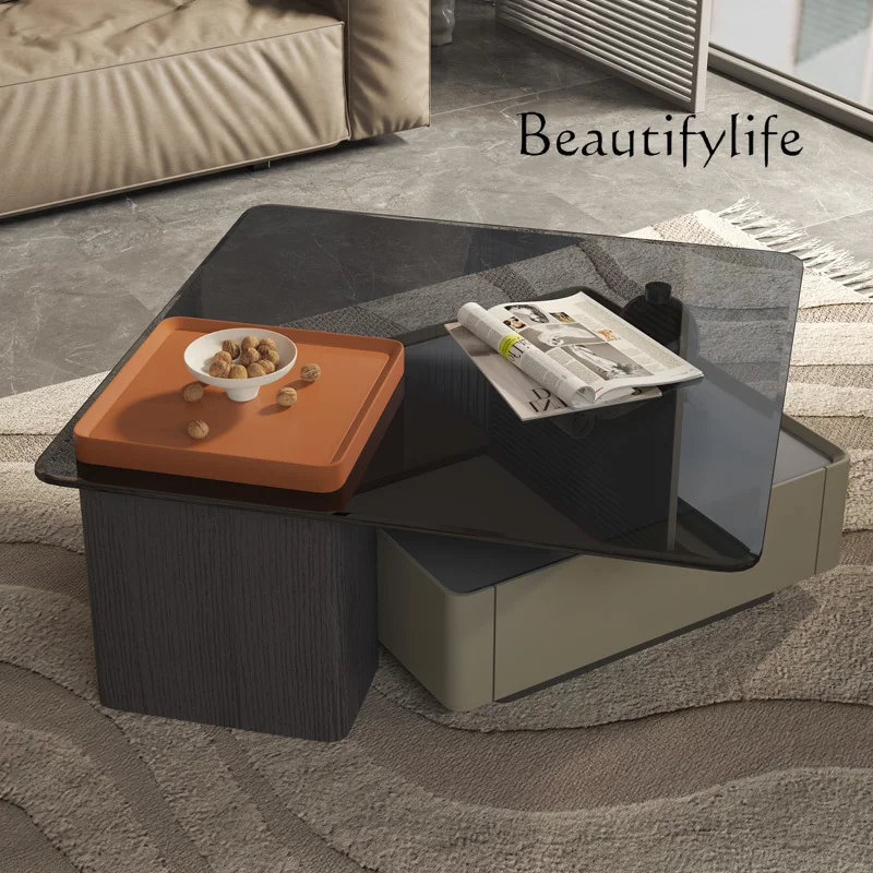 

High-End Design Simple Small Apartment Creative Designer Tempered Glass Square Coffee Table Combination