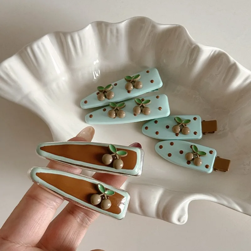 Korean Light Brown Polka Dot Cherry Blue and Sweet Hair Side-updo Cute Accessory for Women Hairpin