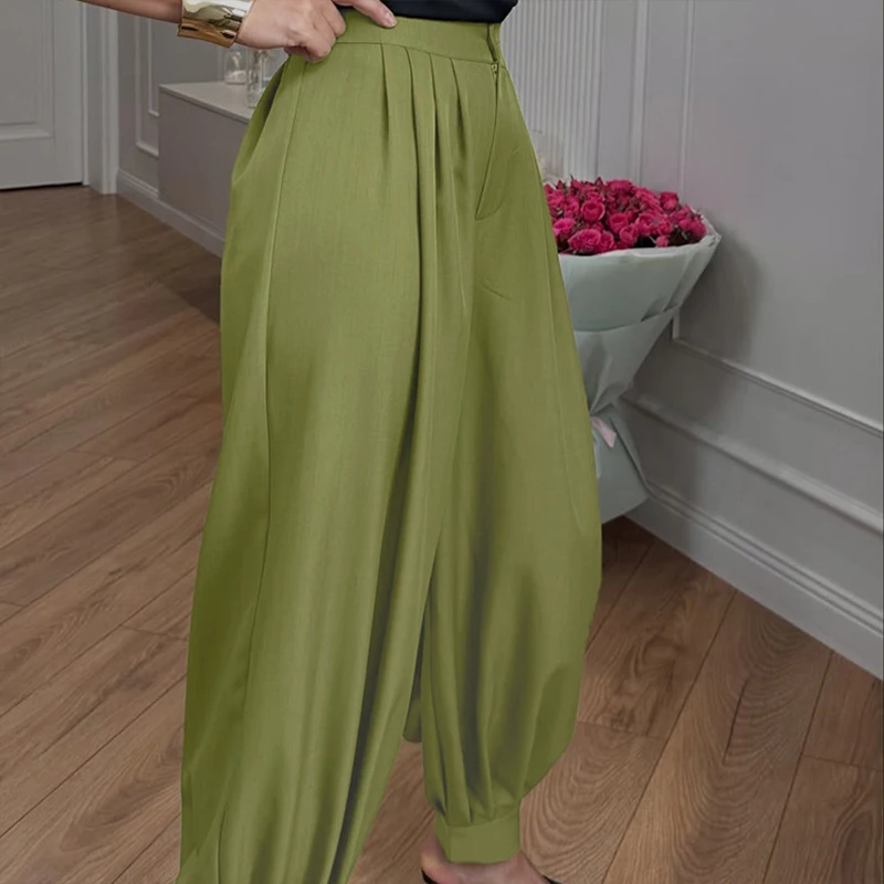 BKLD Women's Versatile Tapered Pants Fashion Casual Solid Color High Waisted Button Zip-up Loose Ruched Pants Leisure Streetwear