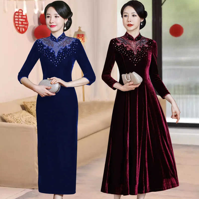

Новое платье-ципао в китайском стиле больших размеров из бархата, весенне-осеннее, элегантное длинное платье с круглым воротником, украшенное бисером, для свадьбы...