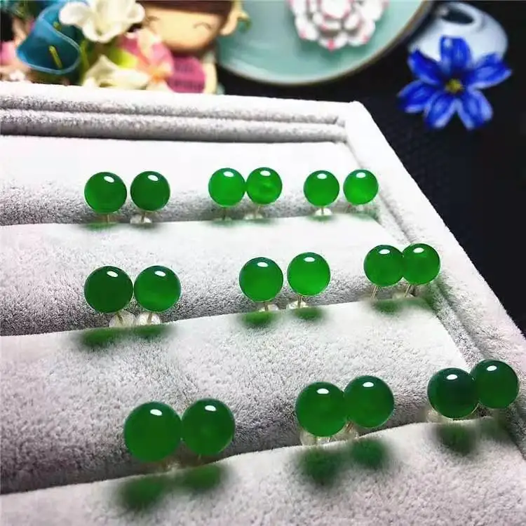 Natural Green Jade Ball Stud Earrings Women Fine Jewelry Accessories Genuine Myanmar Jadeite Burma Red Jades Round Beads Earring