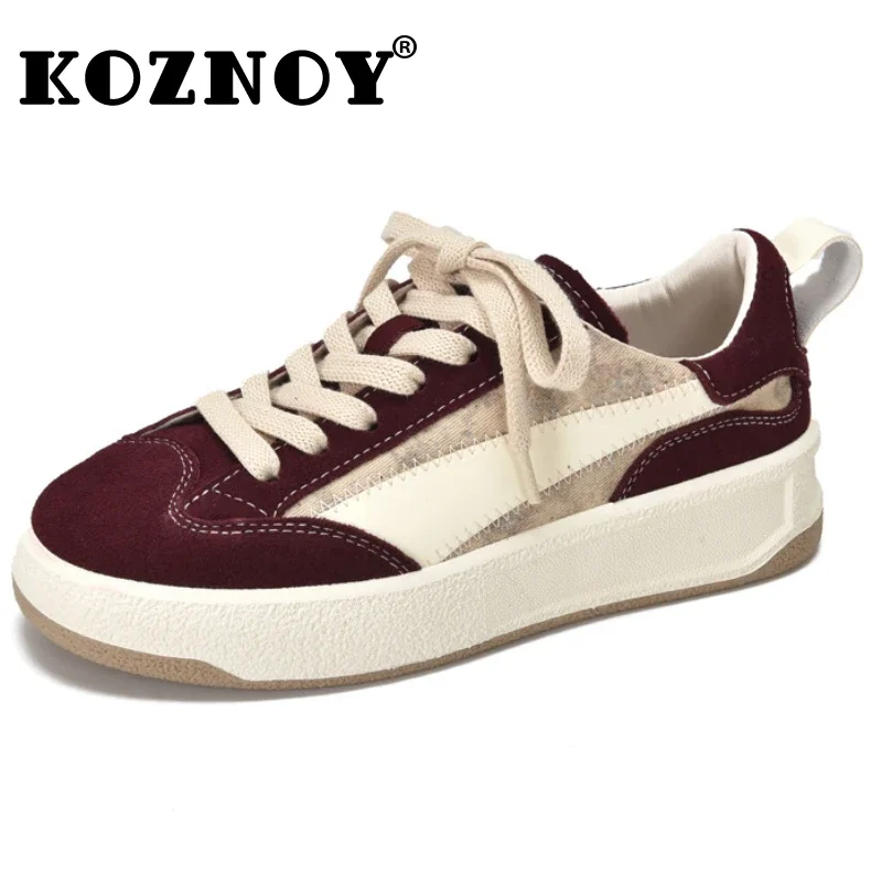 Koznoy 3.5cm Synthetic Cloth Genuine Leather Spring  Vulcanize Chunky Sneaker Wome Flats Loafer High Brand Platform Autumn Shoes