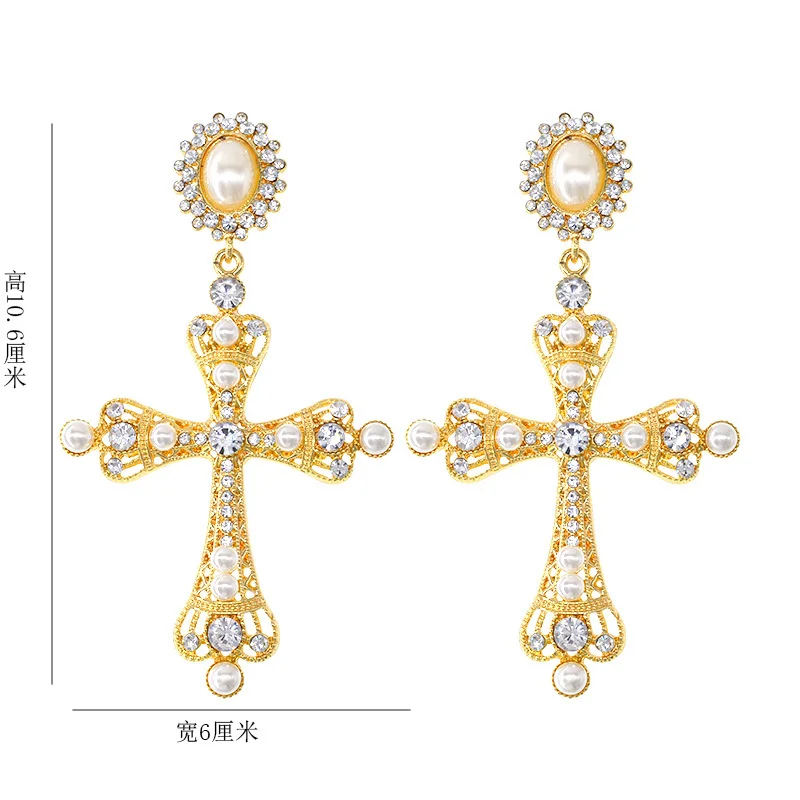 New Korean Baroque Long Cross Earrings Pink Crystal Fringe Palace Retro Cool Style Earrings