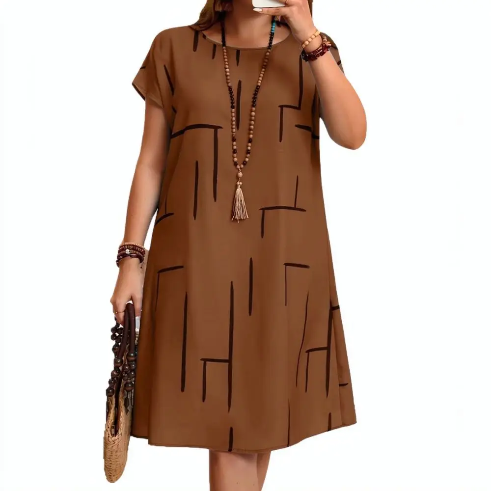 Women Summer Geometric Print Dress Loose A Line Midi Skirts Casual Elegant Commuter Plus Size Round Neck Clothing
