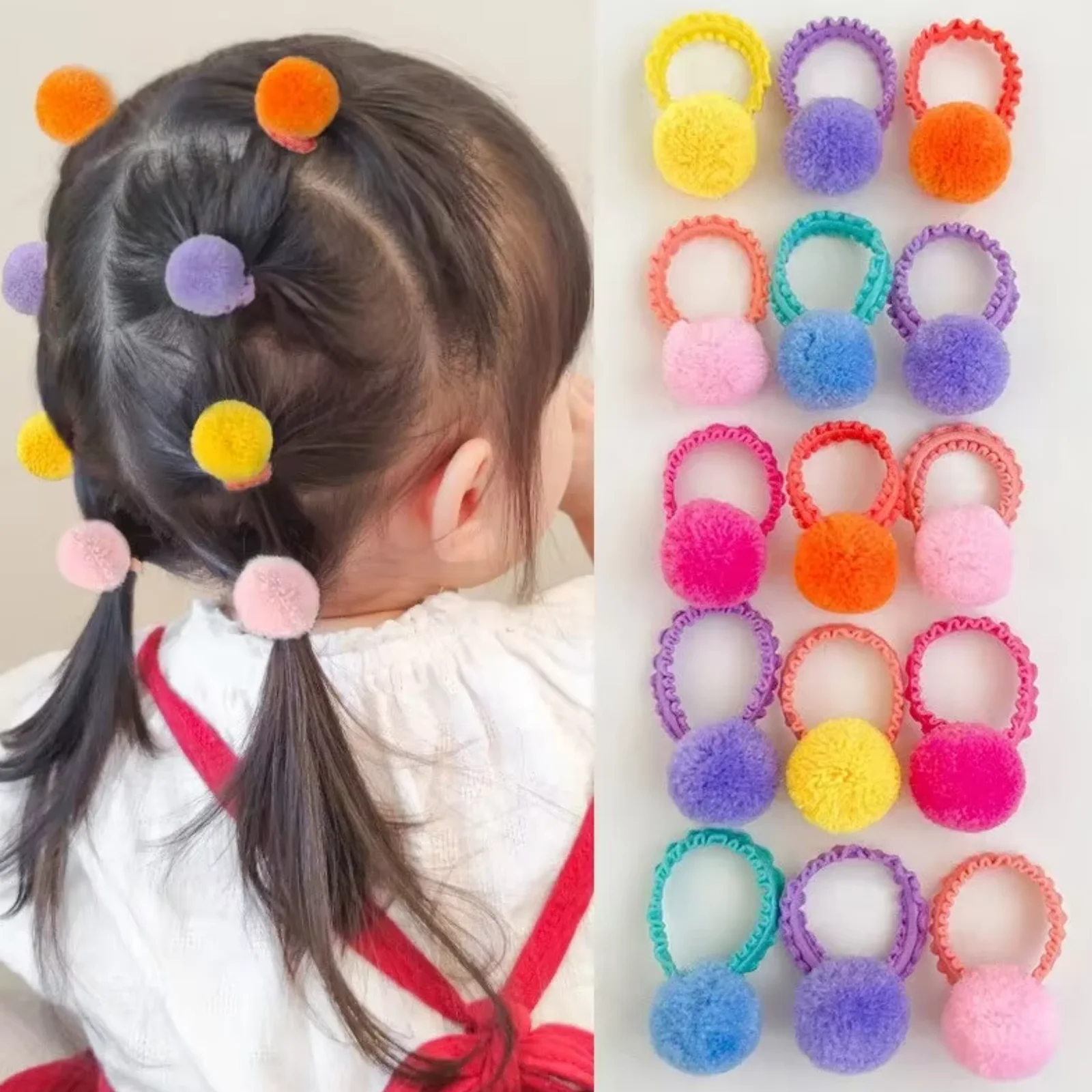 20 Stück bunte Pom-Pom-Haargummis, bezaubernde Haarbänder für kleine Mädchen, süße Haar-Accessoires
