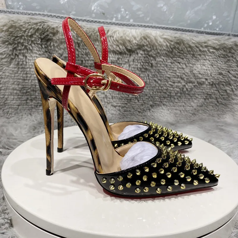 

Gold Rivets Full Of Pointed Toe Women’s Sandals Leopard Leather Patchwork Colors Pumps Female 8cm 10cm 12cm Thin High Heels Sexy