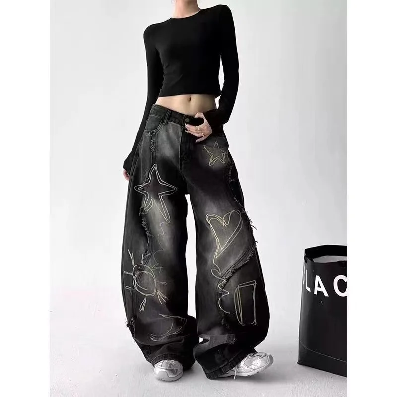 

Простые синие джинсы в стиле ретро, женские осенние повседневные свободные широкие брюки y2k с высокой талией, универсальные напольные брюки