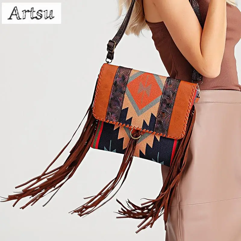 

Fashion Women Shoulder Bags European American Retro Bohemian Hand Woven Tassel Cotton Linen Leisure Versatile Crossbody Bags