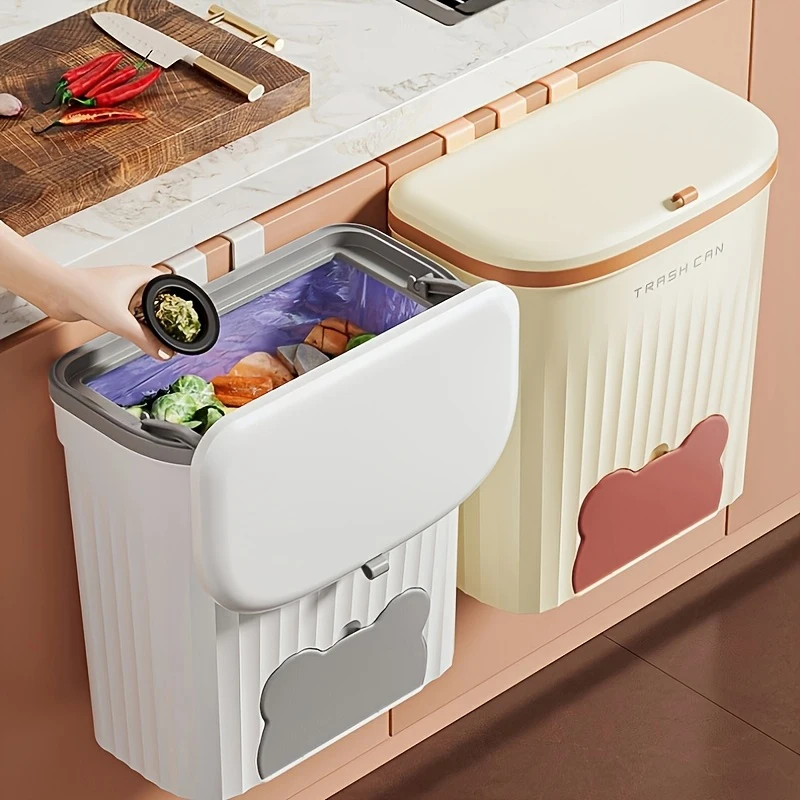 Punch-Free Self-Adhesive Wall Hanging Trash Can, Mini Waste Bin Stuck on Kitchen Cabinet Door-【white-small】