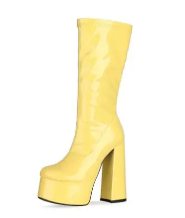 السماء الزرقاء الساخن الوردي الأصفر براءات الاختراع والجلود جولة تو منصة حذاء بكعب سميك سليم حذاء برقبة للركبة النساء فاسق عالية الكعب أحذية طويلة