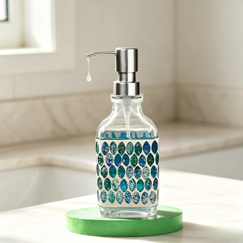 Nordic Mosaic Glass Soap Dispenser Stainless Steel Pump Lotion Bottle Bathroom Decor Storage Container Multi‑Color Option