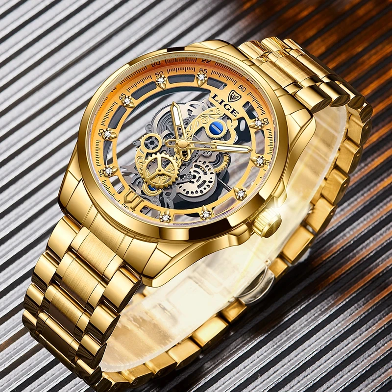 2024 LIGE Skeleton Gold Men Quartz Watches  Top Brand Skeleton Luxury Vintage Man Watch Mens Watches Waterproof Watch For Men