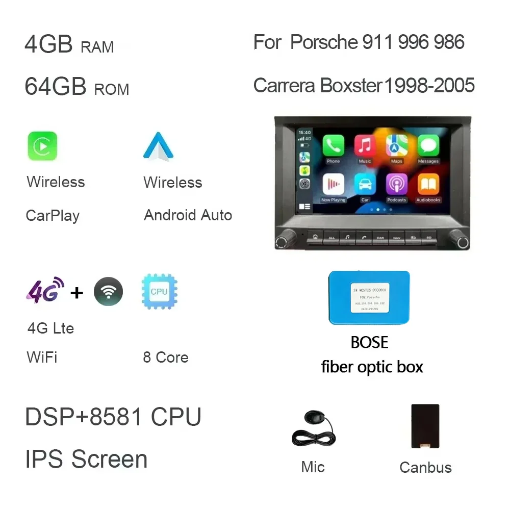 CarPlay 7' 2 DIN Android 14.0 Car DVD Player 8 Core 4GB DSP Multimedia GPS Autoradio for Porsche 911 996 986 Cayman Boxster image 3