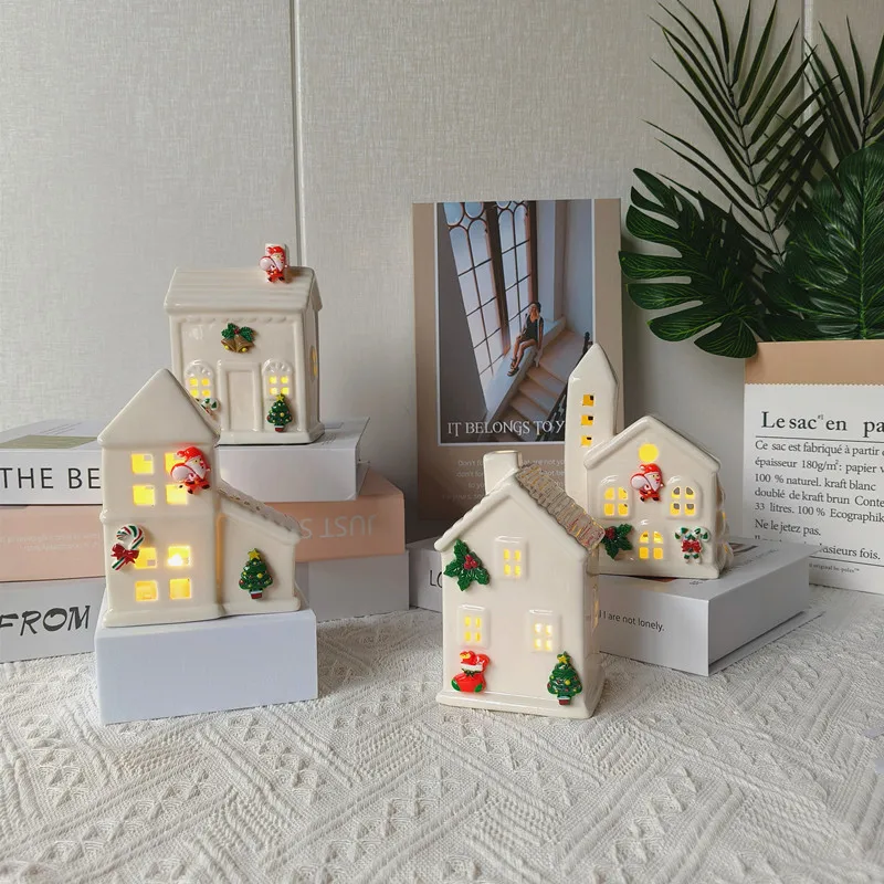 Ceramic Small House Hollow Design Christmas Crafts Ornaments LED Lights Atmosphere Decoration Small Gifts Desktop Ornament New