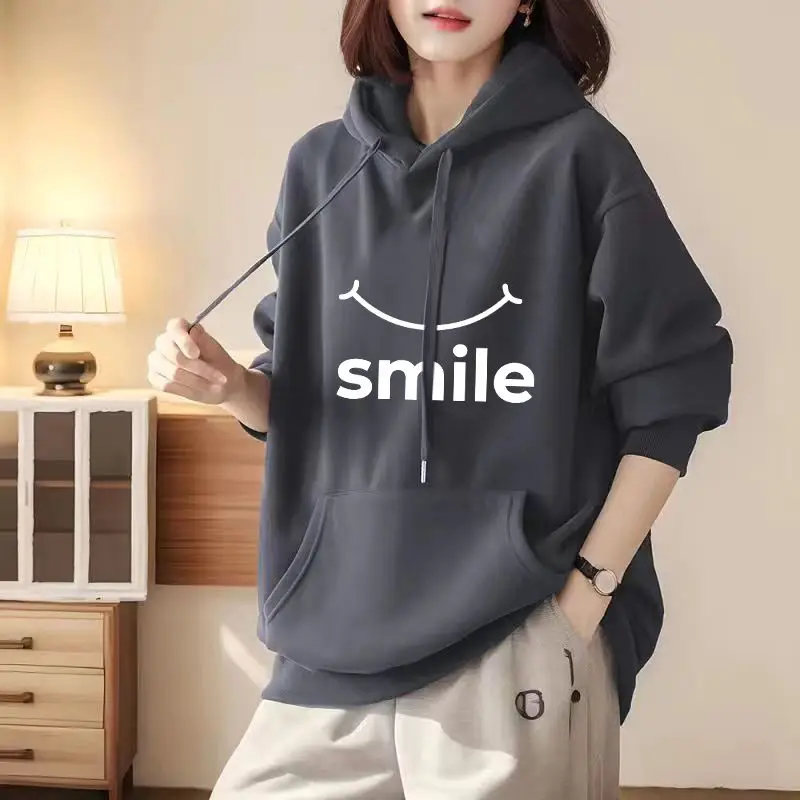 Autumn Winter Loose Fashion Female Solid Color Printed Hoodies All-match Long Sleeve Casual Pockets Sweatshirts Women's Clothing