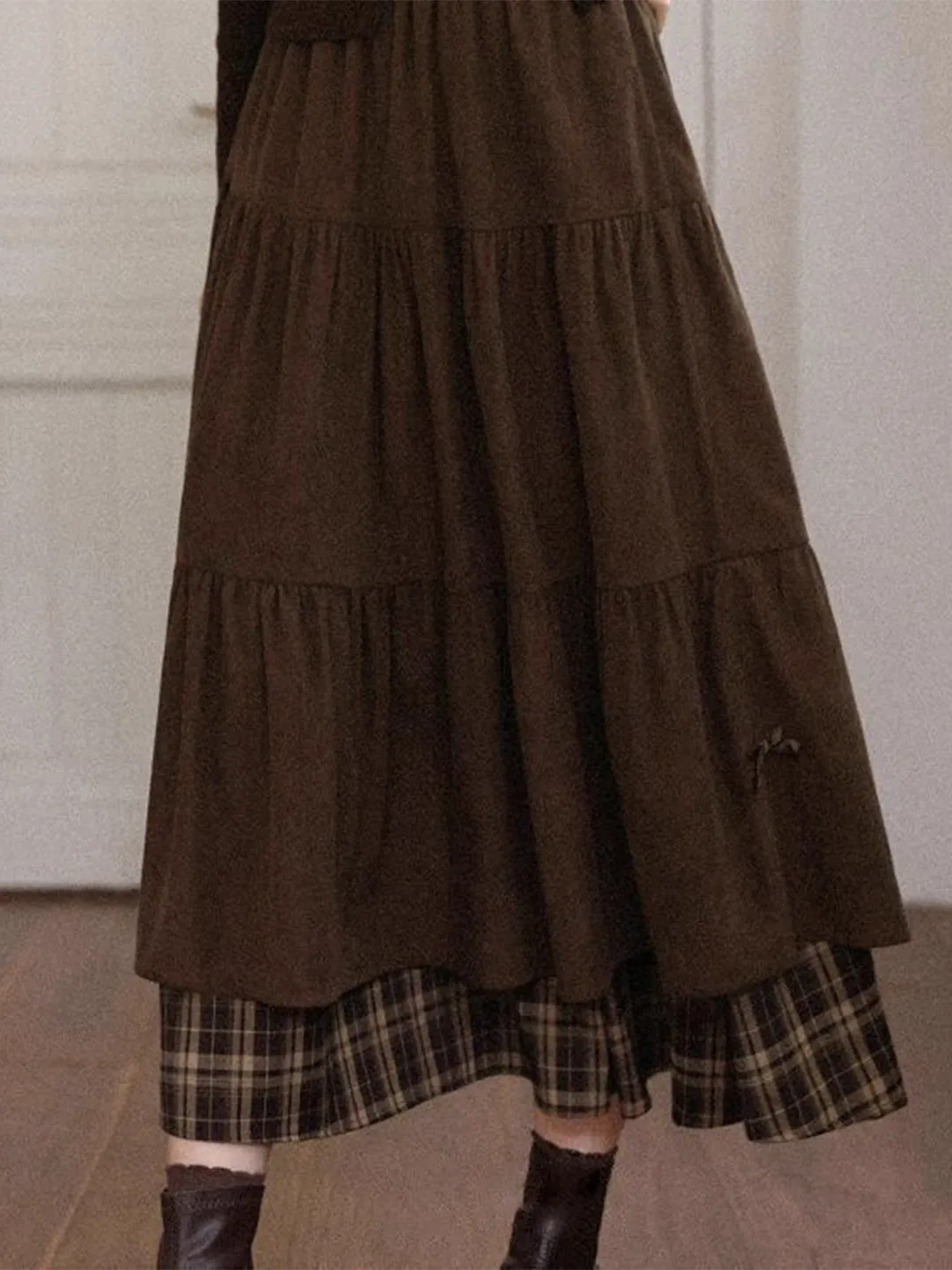Khaki Plaid Long A-Line  Skirt Women's Autumn Winter Korean Style Retro High Waist Slimming Corduroy Half-length Skirt