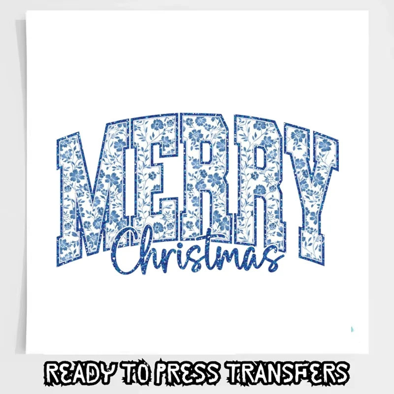 

Blue Merry Christmas Iron on StickersChristmas DTF Heat Transfer Print Toile Chinoiserie Blue Ready To Press For Clothing