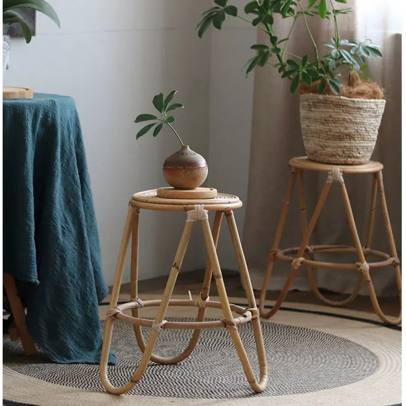 Japanese Style Minimalist Storage Shelf Handmade Rattan Woven Plant Stand Homestay Balcony Flower Rack Coffee House Side Table