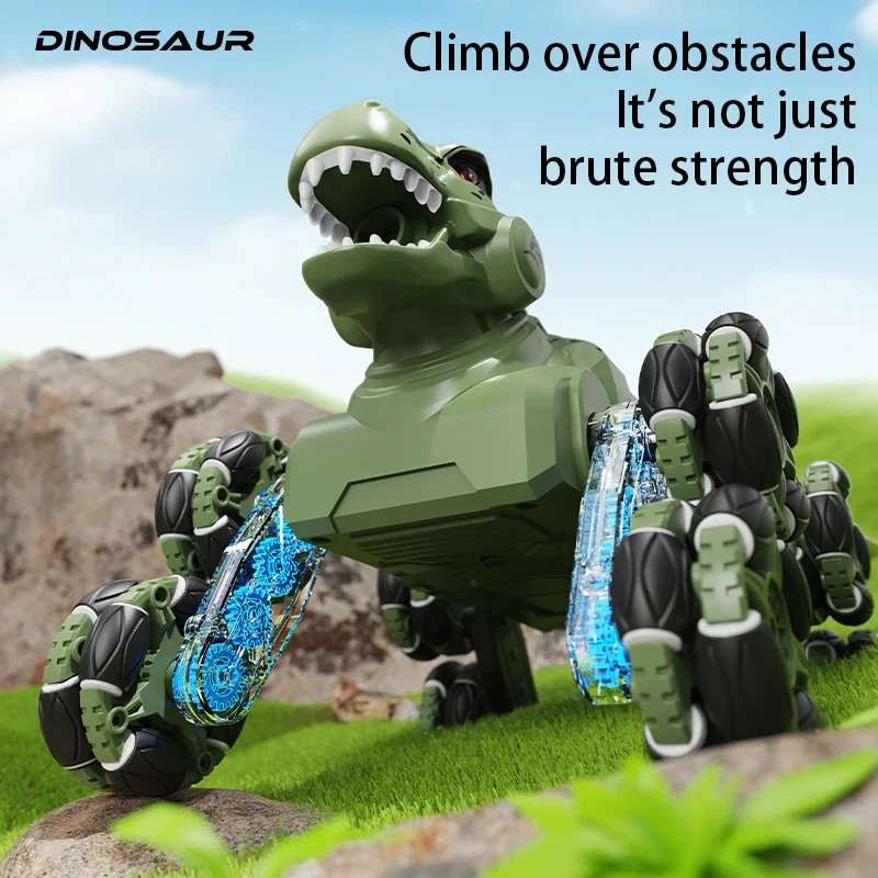 4wd rc dublê carro spray nevoeiro fora da estrada de oito rodas controle remoto dinossauro deformação brinquedo animal eletrônico com música luz led