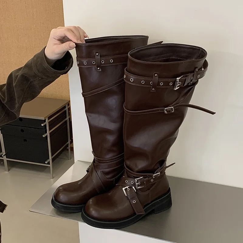 Eilyken Street Design Multi Belt Metal Buckle Knee-High Boots Women Low Heels Shoes Fashion Hot Girl Motorcycle Knight Booties