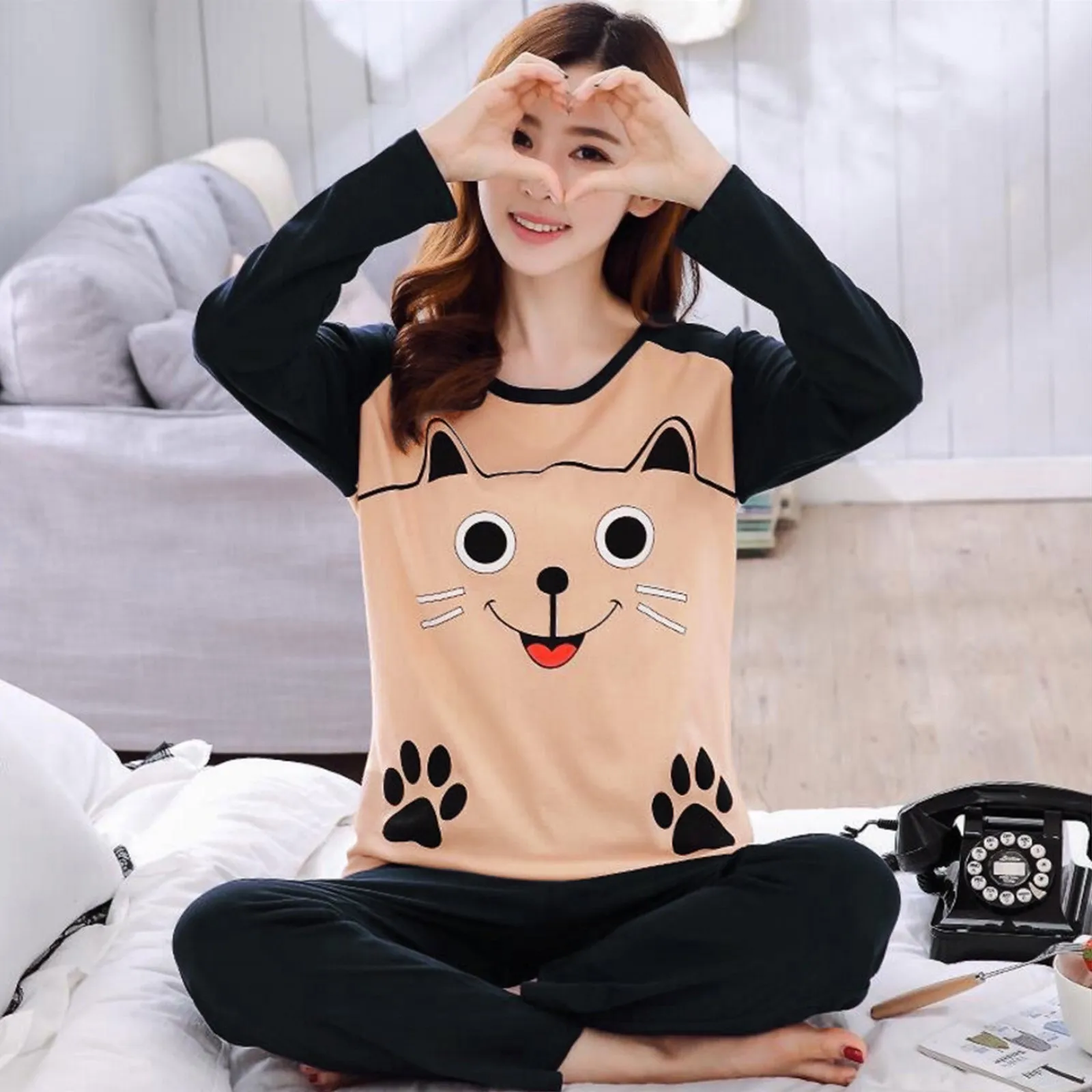 Autumn Thin 2pieces Pyjamas Set Women Tops 2024 Round Neck Girls Pajamas Sets Teacup Cat Sleepwear Clothes Pijamas Mujer