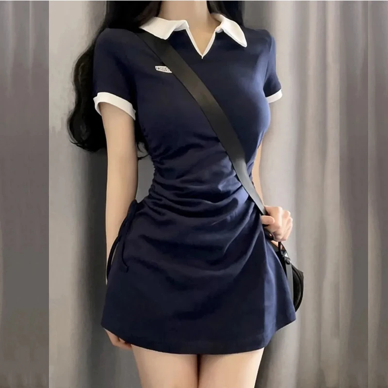 Drawstring Women\'s Dress 2023 Y2K One Pieces Korea Student Short Sleeve Mini Hip Wrap Skirt Slim Female Polo Dress Pleated Sexy