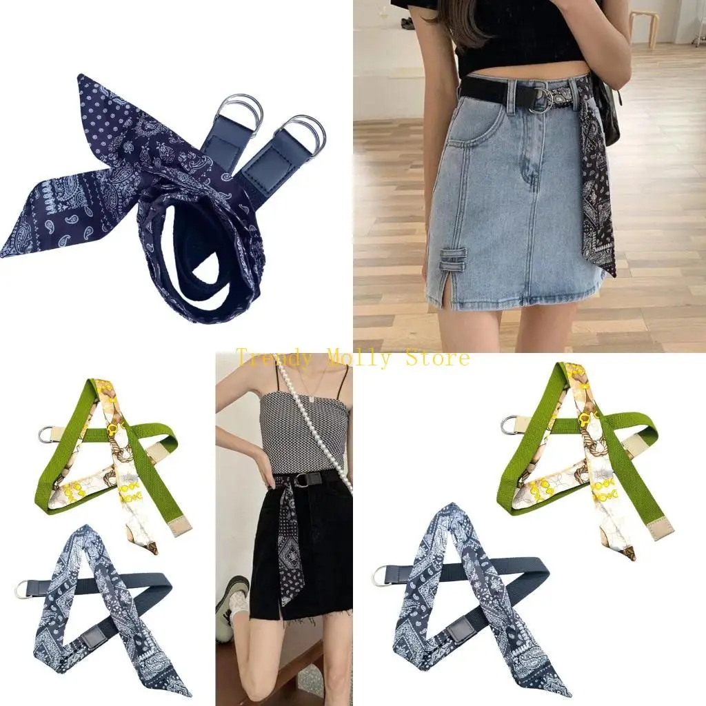 

N5KB Холщовый пояс с лоскутным шелковым шарфом для взрослых подростков, джинсовая юбка, декор