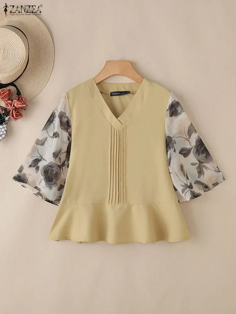 ZANZEA Elegante Frauen V-ausschnitt 3/4 Hülse Bluse Sommer Floral Patchwork Hemd Stilvolle Büro Arbeit Shirts Plissee Tops Weibliche Mujer
