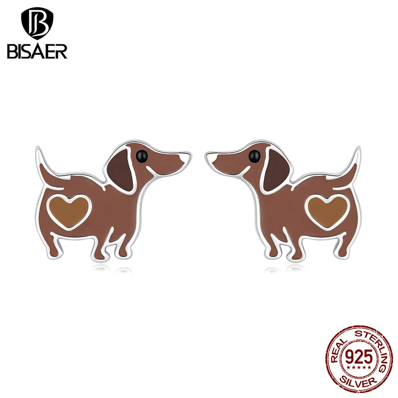 

BISAER 925 Sterling Silver Cute Dachshund Stud Earrings Pet Dog Enamel Proces Stud Ear for Women & Girl Party Fine Jewelry Gift