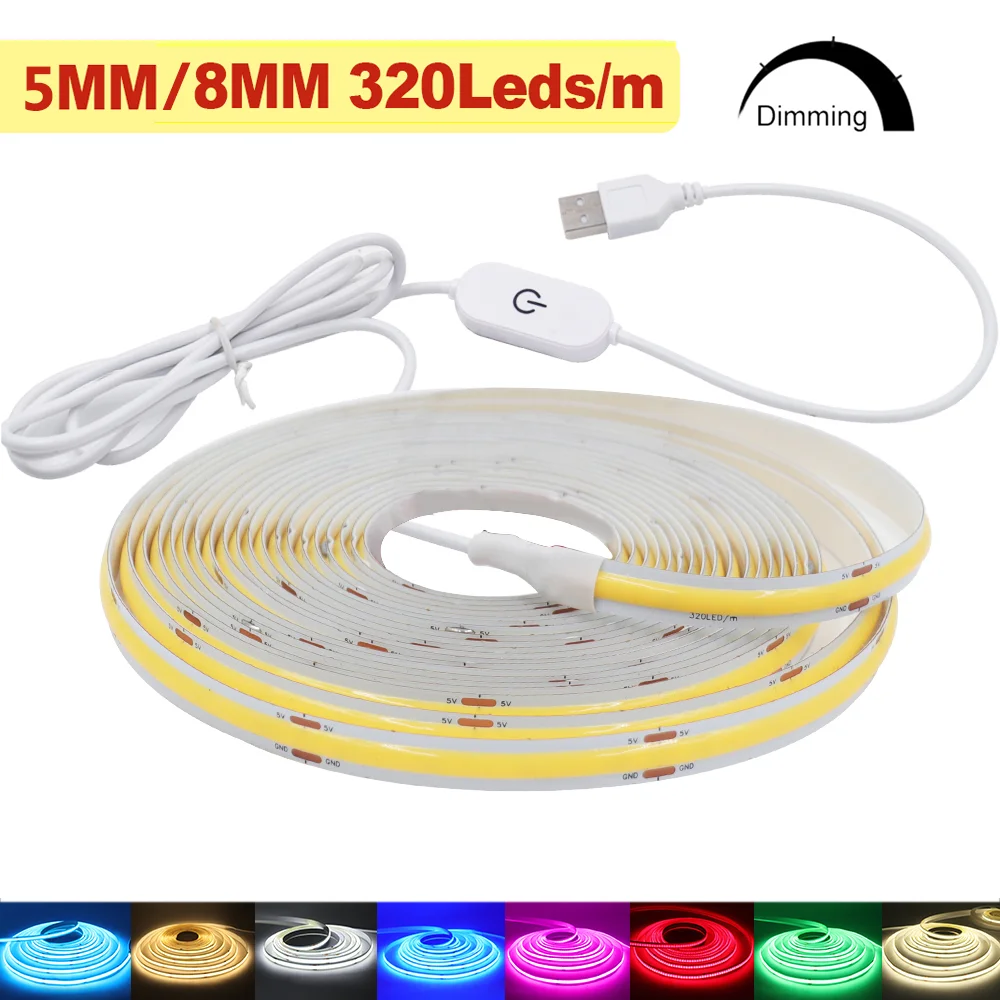 

5V USB COB LED Strip 5mm 8mm 320LEDs/m High Density FOB Tape Diode RA90 Warm Natural White Red Green Blue Ribbon Linear Lighting