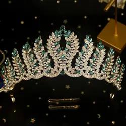 DIEZI Vintage Baroque Green Red Crystal Tiara Crown Women Girls Party Queen Rhinestone Crown Christmas Hair Dress Accessories