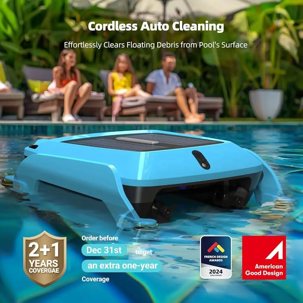 Robotic Solar Pool Cleaner Cordless Surface Skimmer Automatic Dual Power Charging Intelligent Obstacle Avoidance Saltwater