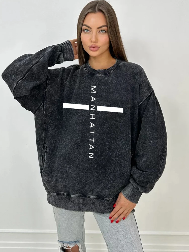 

Manhattan Pattern Print Hoody Female Fashion Distressed Washed Cotton Sweatshirt Vintage Oversize Loose Comfortable Sportswears